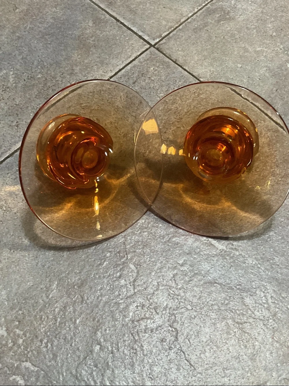 Pair of Amber Glass Candle Holders - Retro Amber Accent